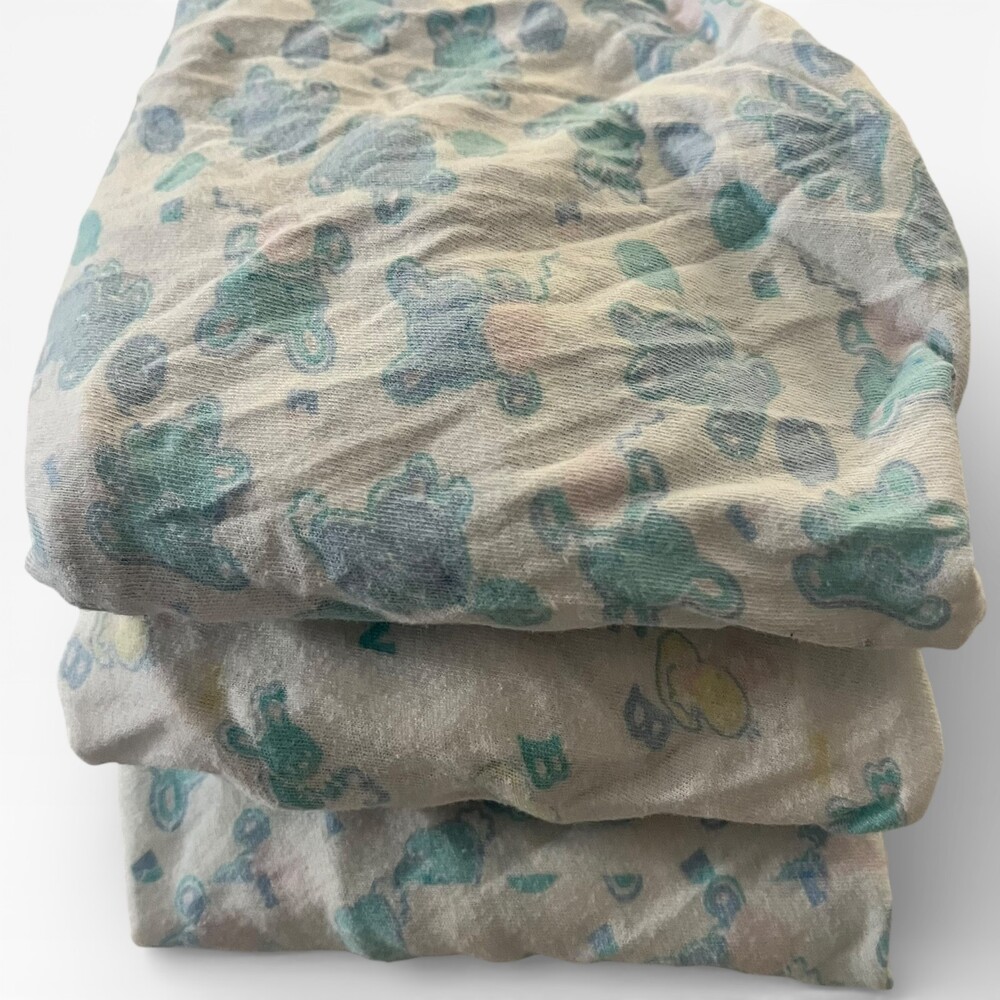 VTG Gerber Bassinet Sheets Blue Teddy Bears ABC Cotton Fabric Nursery Lot 3 80s